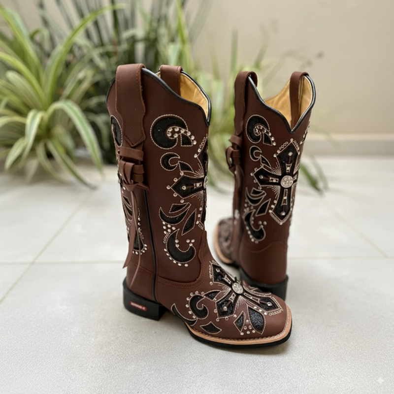 BOTA TEXANA EM COURO A LASER CRUZ GLITTER + METAIS + KIT FACA