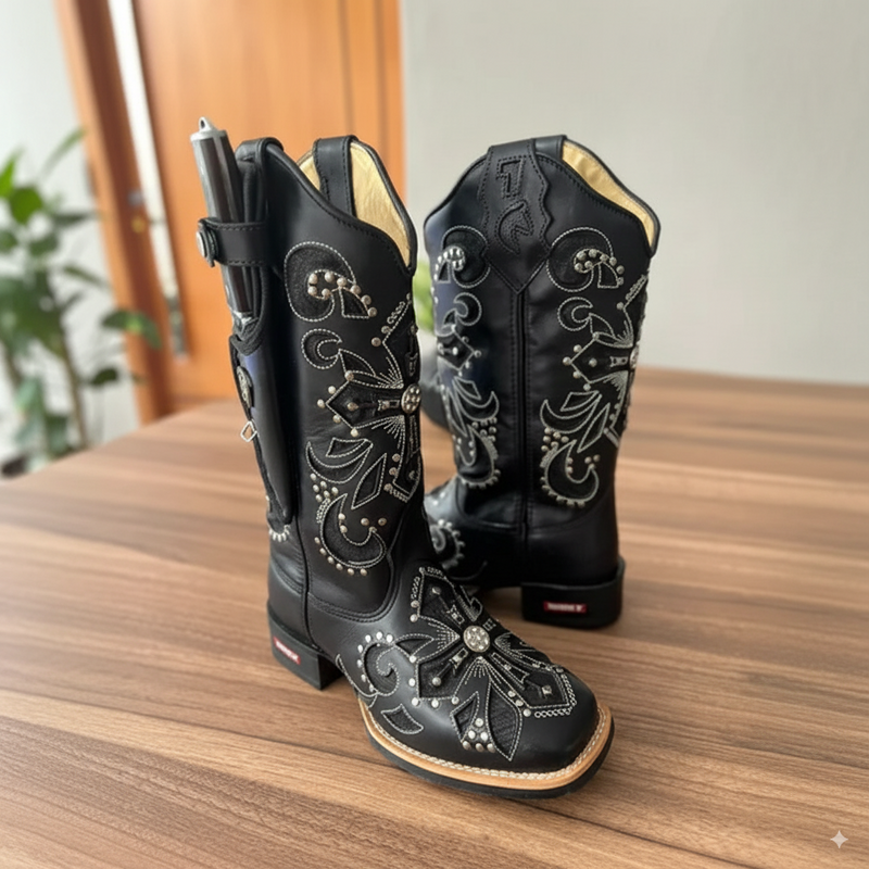 BOTA TEXANA EM COURO A LASER CRUZ GLITTER + METAIS + KIT FACA