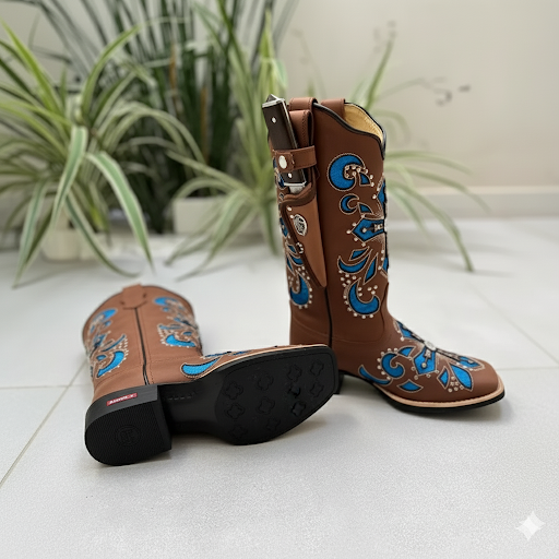 BOTA TEXANA EM COURO A LASER CRUZ GLITTER + METAIS + KIT FACA