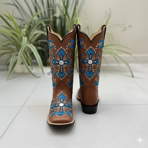 BOTA TEXANA EM COURO A LASER CRUZ GLITTER + METAIS + KIT FACA