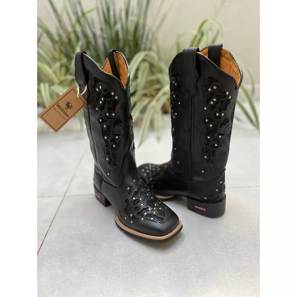 BOTA TEXANA EM COURO ALL BLACK A LASER GLITTER PRETO + METAIS