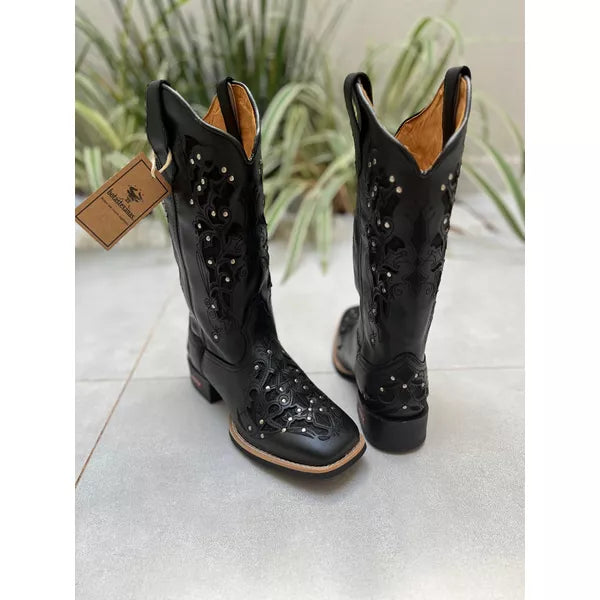 BOTA TEXANA EM COURO ALL BLACK A LASER GLITTER PRETO + METAIS