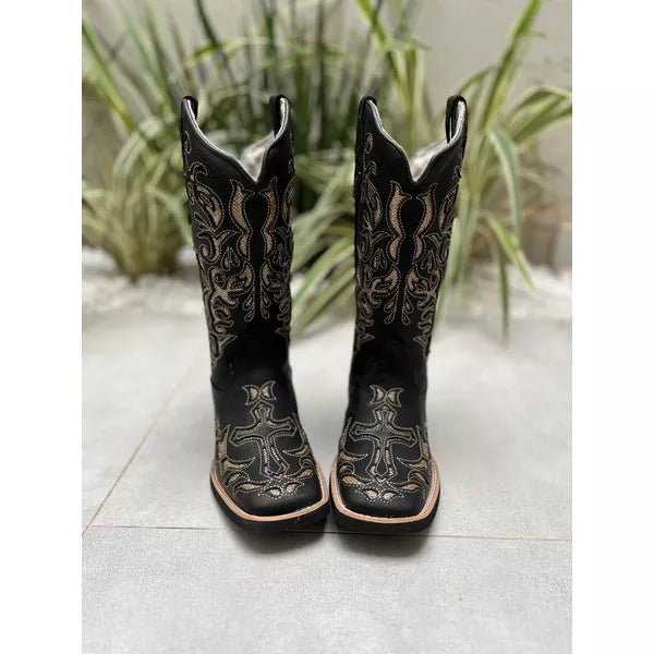 BOTA TEXANA EM COURO PRETO A LASER GLITTER DOURADO