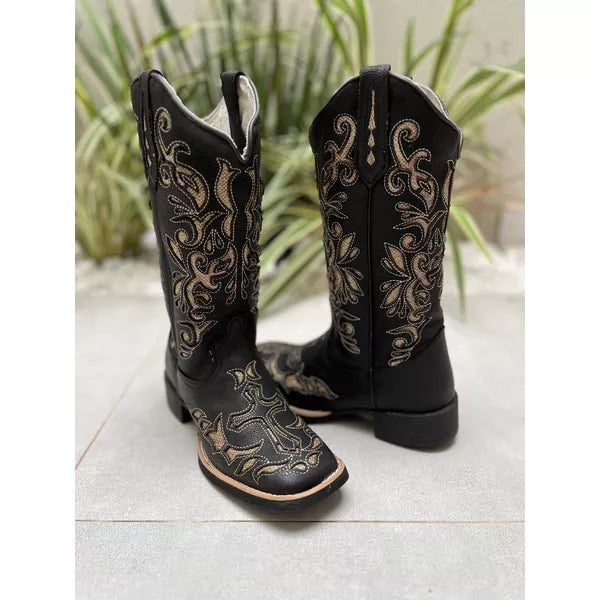 BOTA TEXANA EM COURO PRETO A LASER GLITTER DOURADO