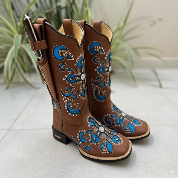 BOTA TEXANA EM COURO A LASER CRUZ GLITTER + METAIS + KIT FACA